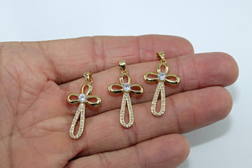 CZ Pave Gold Cross Charms, Gold Pendants for Necklace or Huggie Hoop Earrings Set #704, Rosary Chain Charm